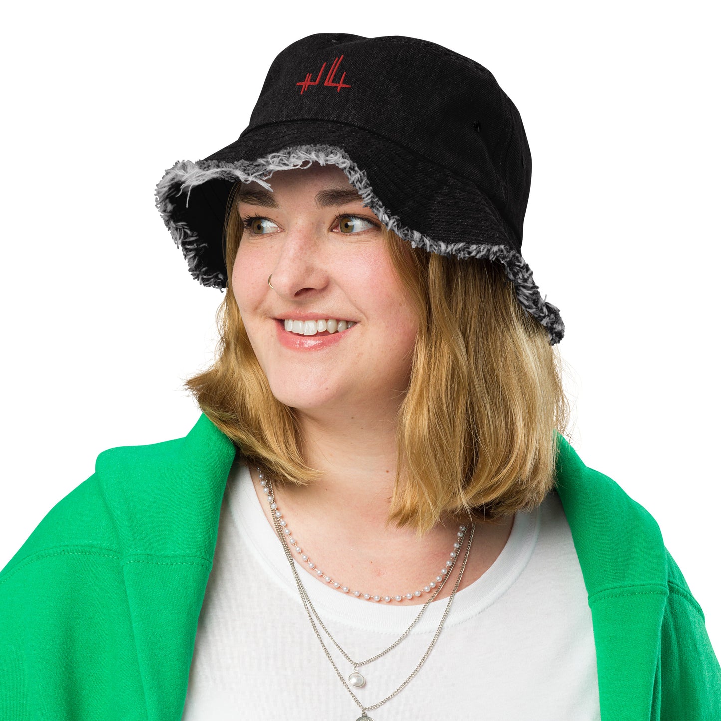 Gorro de pescador de denim con efecto usado - firma roja