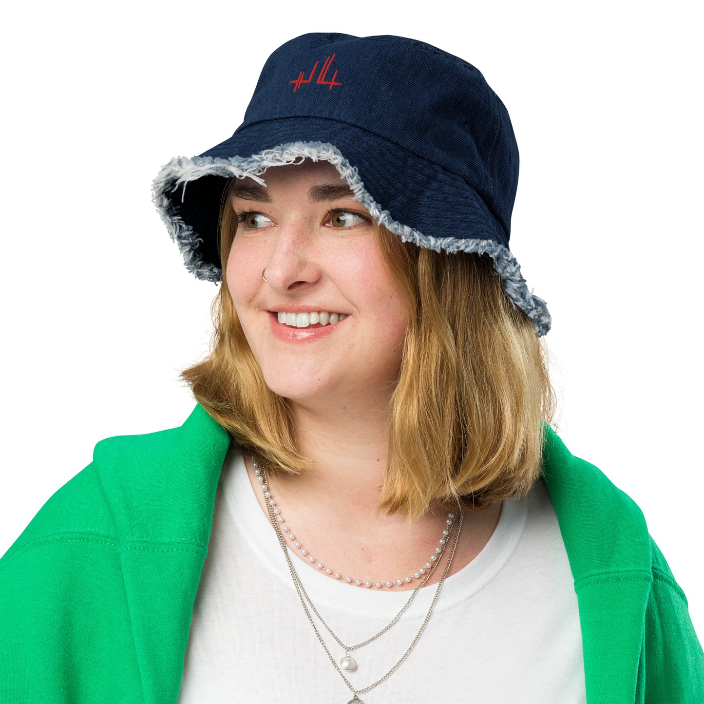 Gorro de pescador de denim con efecto usado - firma roja