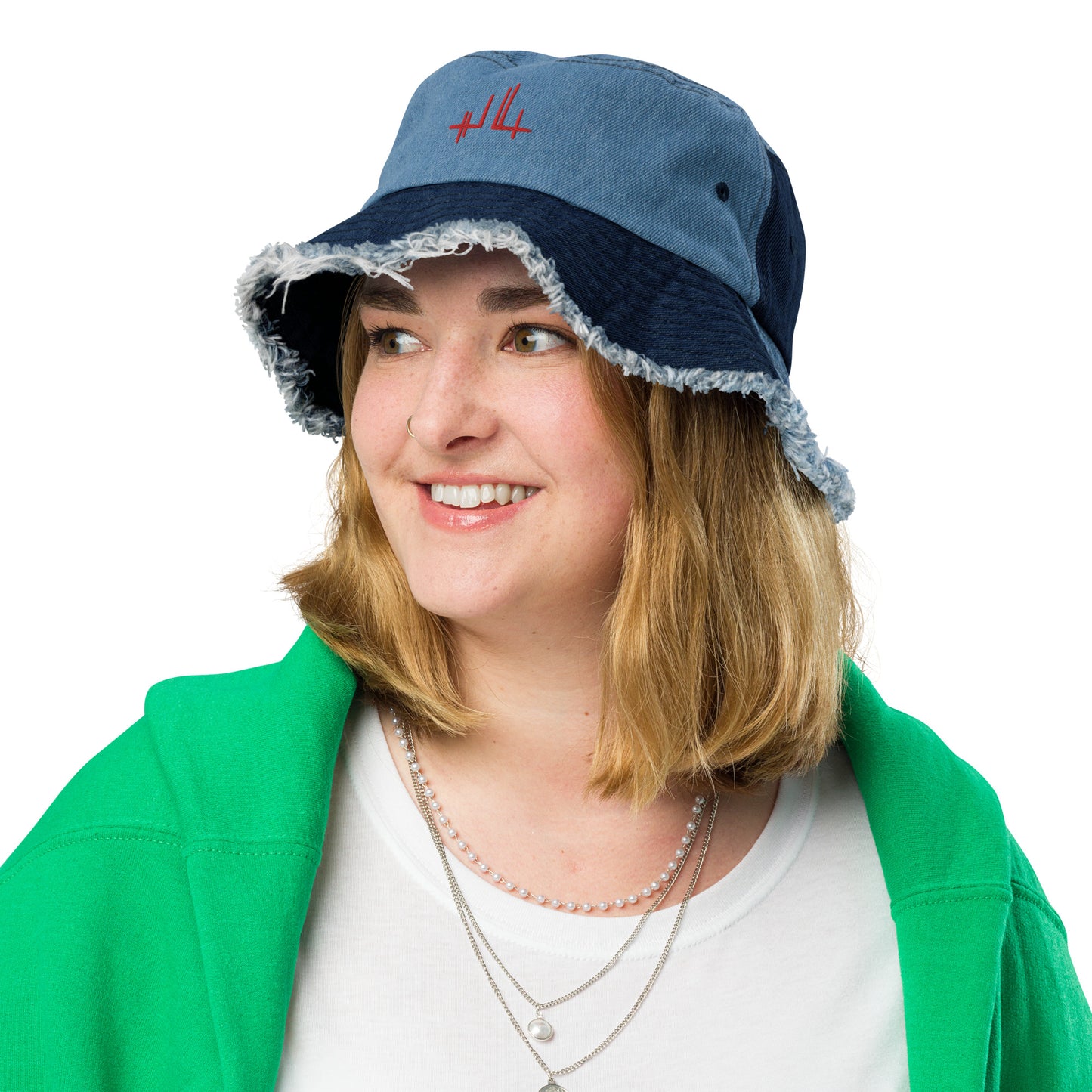 Gorro de pescador de denim con efecto usado - firma roja