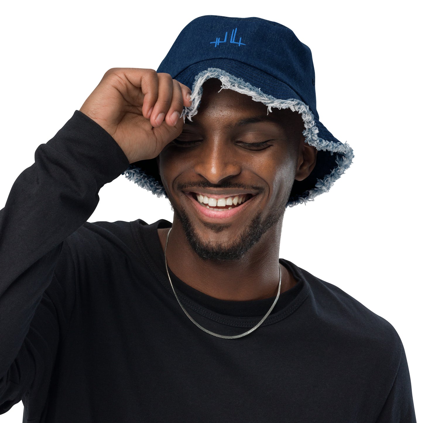 Gorro de pescador de denim con efecto usado - firma azul